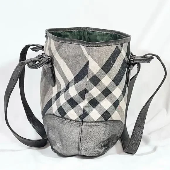 Burberry Super Nova Shimmer Check Tote Bag Canvas Leather Trim Open Top Pockets - Picture 2 of 16